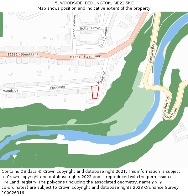 5, WOODSIDE, BEDLINGTON, NE22 5NE: Location map and indicative extent of plot