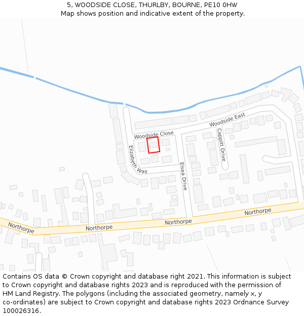 5, WOODSIDE CLOSE, THURLBY, BOURNE, PE10 0HW: Location map and indicative extent of plot