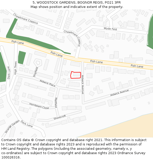 5, WOODSTOCK GARDENS, BOGNOR REGIS, PO21 3PR: Location map and indicative extent of plot