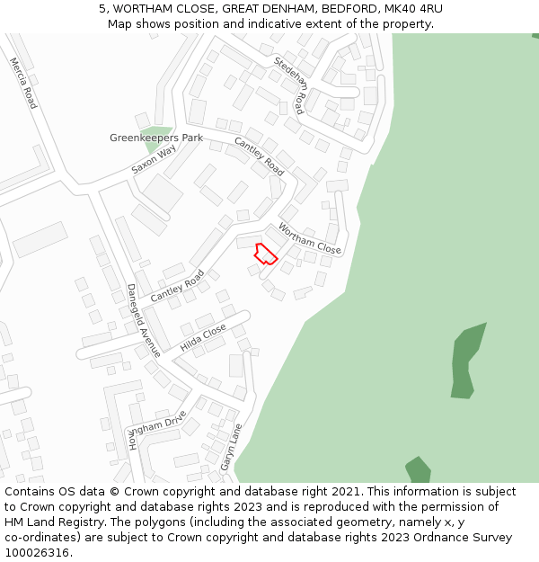 5, WORTHAM CLOSE, GREAT DENHAM, BEDFORD, MK40 4RU: Location map and indicative extent of plot