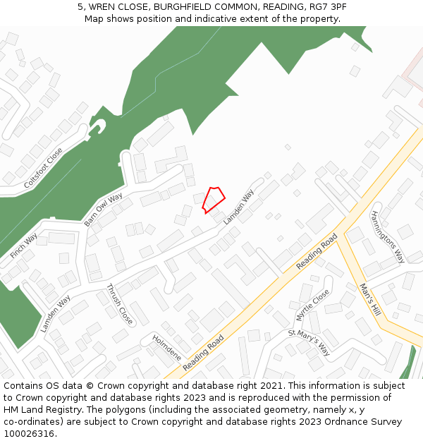 5, WREN CLOSE, BURGHFIELD COMMON, READING, RG7 3PF: Location map and indicative extent of plot