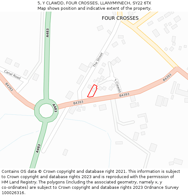 5, Y CLAWDD, FOUR CROSSES, LLANYMYNECH, SY22 6TX: Location map and indicative extent of plot