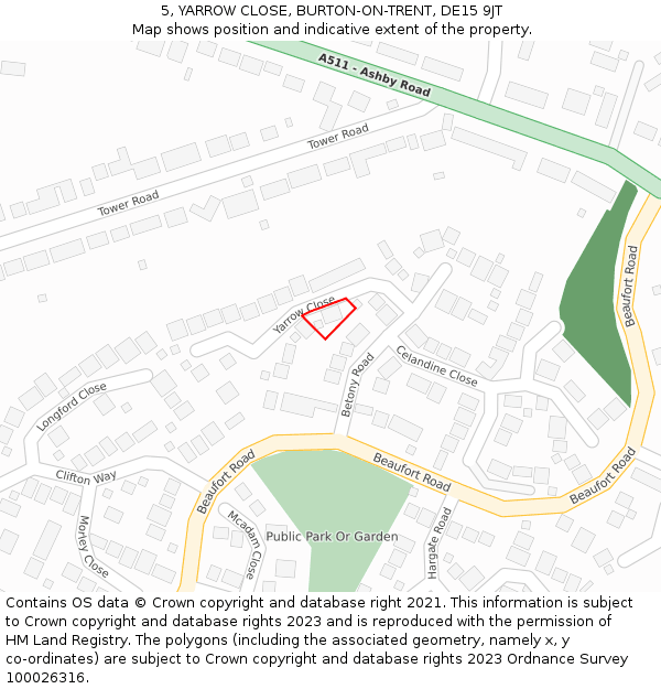 5, YARROW CLOSE, BURTON-ON-TRENT, DE15 9JT: Location map and indicative extent of plot