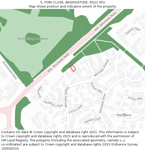 5, YORK CLOSE, BASINGSTOKE, RG22 4PU: Location map and indicative extent of plot