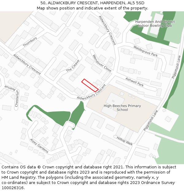 50, ALDWICKBURY CRESCENT, HARPENDEN, AL5 5SD: Location map and indicative extent of plot