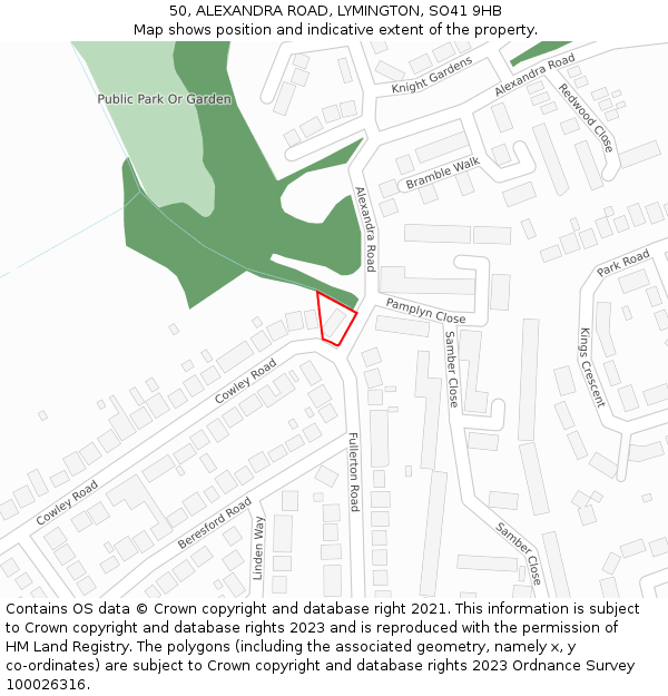 50, ALEXANDRA ROAD, LYMINGTON, SO41 9HB: Location map and indicative extent of plot