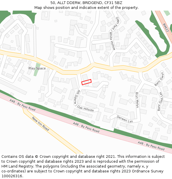 50, ALLT DDERW, BRIDGEND, CF31 5BZ: Location map and indicative extent of plot