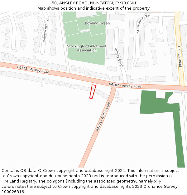 50, ANSLEY ROAD, NUNEATON, CV10 8NU: Location map and indicative extent of plot