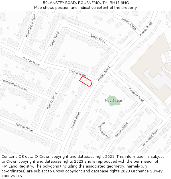 50, ANSTEY ROAD, BOURNEMOUTH, BH11 9HG: Location map and indicative extent of plot