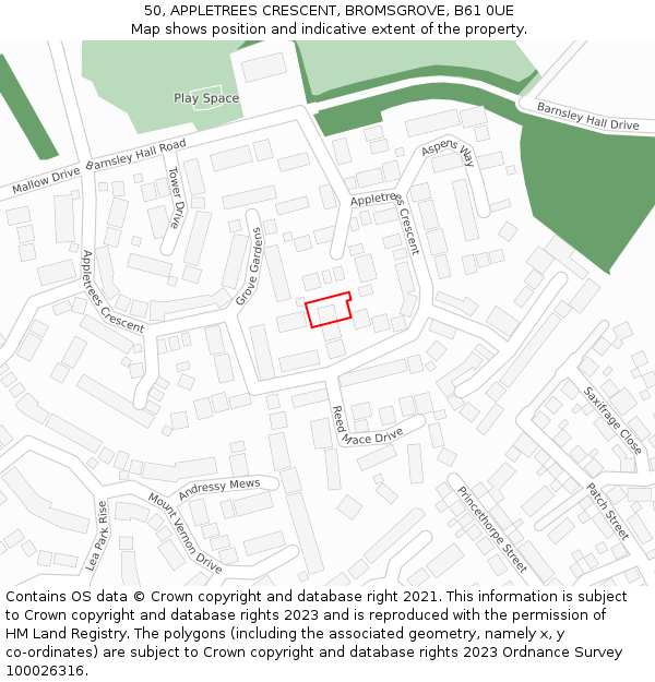 50, APPLETREES CRESCENT, BROMSGROVE, B61 0UE: Location map and indicative extent of plot