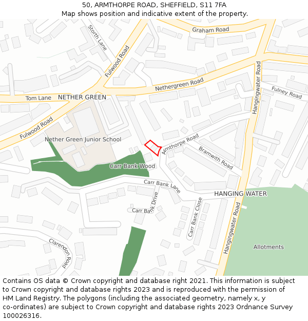 50, ARMTHORPE ROAD, SHEFFIELD, S11 7FA: Location map and indicative extent of plot