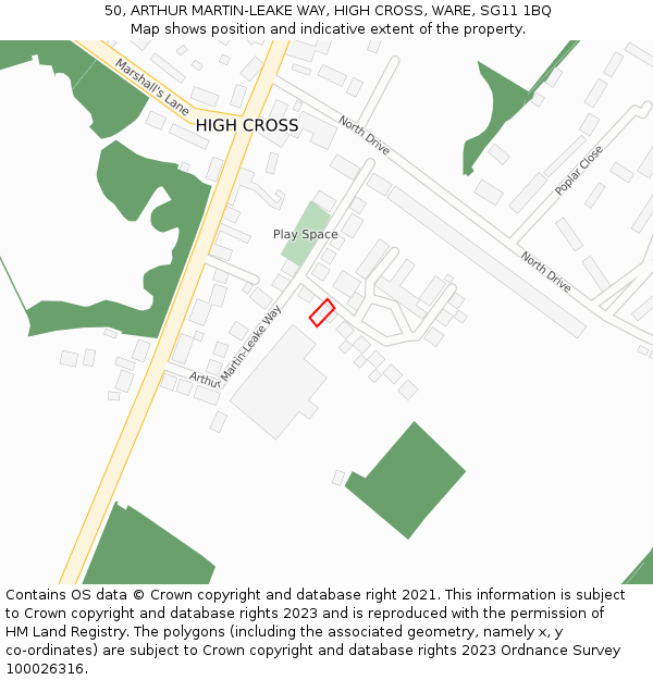 50, ARTHUR MARTIN-LEAKE WAY, HIGH CROSS, WARE, SG11 1BQ: Location map and indicative extent of plot