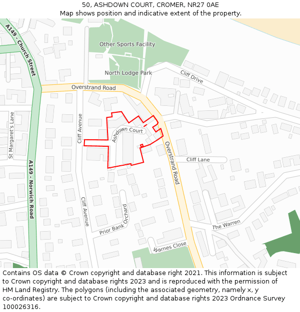 50, ASHDOWN COURT, CROMER, NR27 0AE: Location map and indicative extent of plot