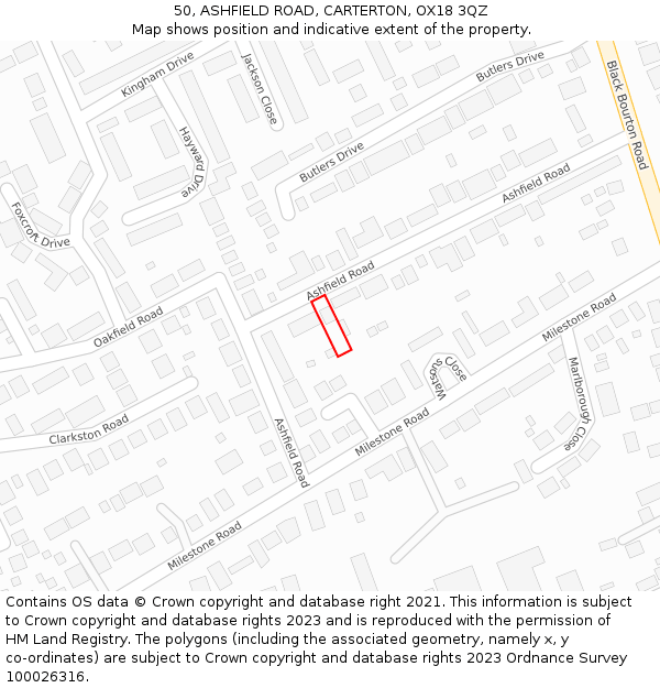 50, ASHFIELD ROAD, CARTERTON, OX18 3QZ: Location map and indicative extent of plot