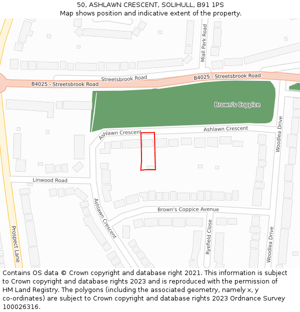 50, ASHLAWN CRESCENT, SOLIHULL, B91 1PS: Location map and indicative extent of plot