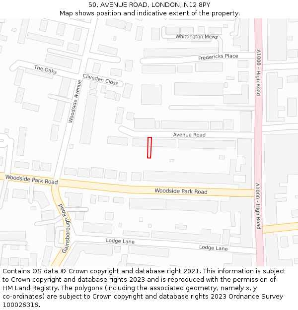 50, AVENUE ROAD, LONDON, N12 8PY: Location map and indicative extent of plot