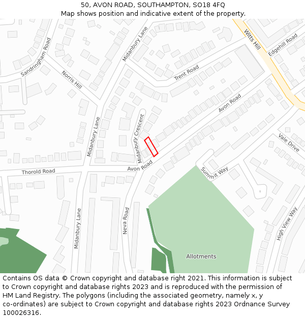 50, AVON ROAD, SOUTHAMPTON, SO18 4FQ: Location map and indicative extent of plot