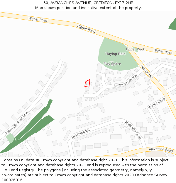 50, AVRANCHES AVENUE, CREDITON, EX17 2HB: Location map and indicative extent of plot