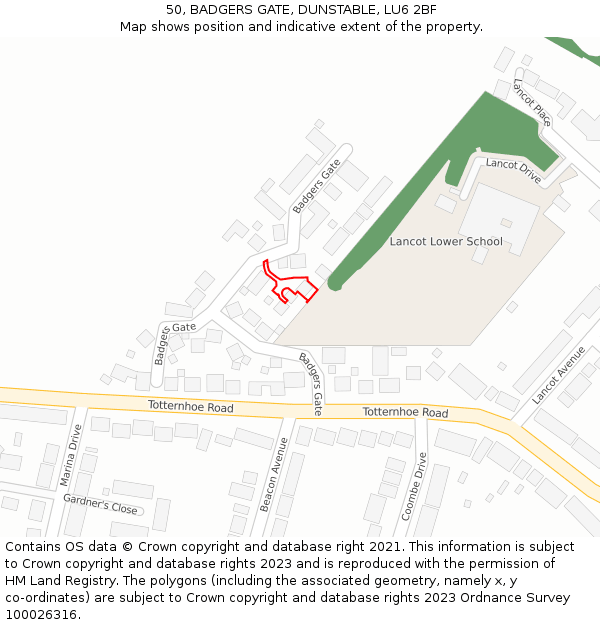 50, BADGERS GATE, DUNSTABLE, LU6 2BF: Location map and indicative extent of plot