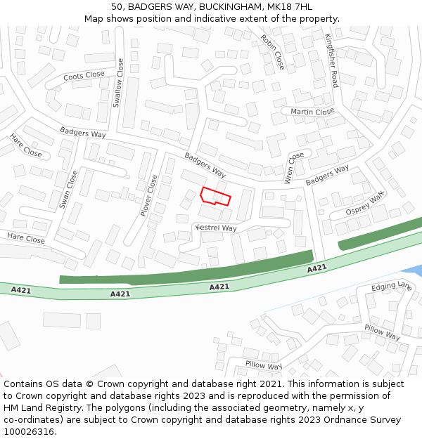 50, BADGERS WAY, BUCKINGHAM, MK18 7HL: Location map and indicative extent of plot