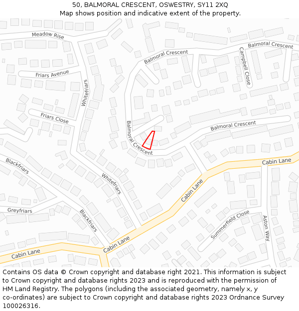 50, BALMORAL CRESCENT, OSWESTRY, SY11 2XQ: Location map and indicative extent of plot