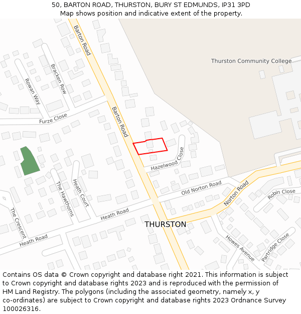 50, BARTON ROAD, THURSTON, BURY ST EDMUNDS, IP31 3PD: Location map and indicative extent of plot