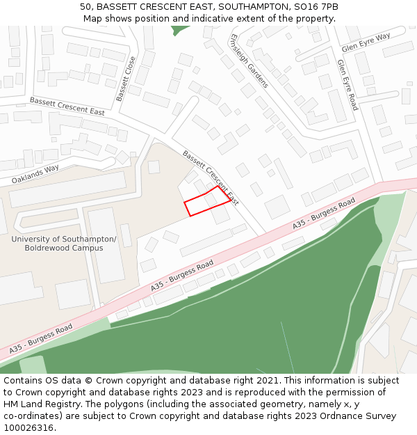 50, BASSETT CRESCENT EAST, SOUTHAMPTON, SO16 7PB: Location map and indicative extent of plot