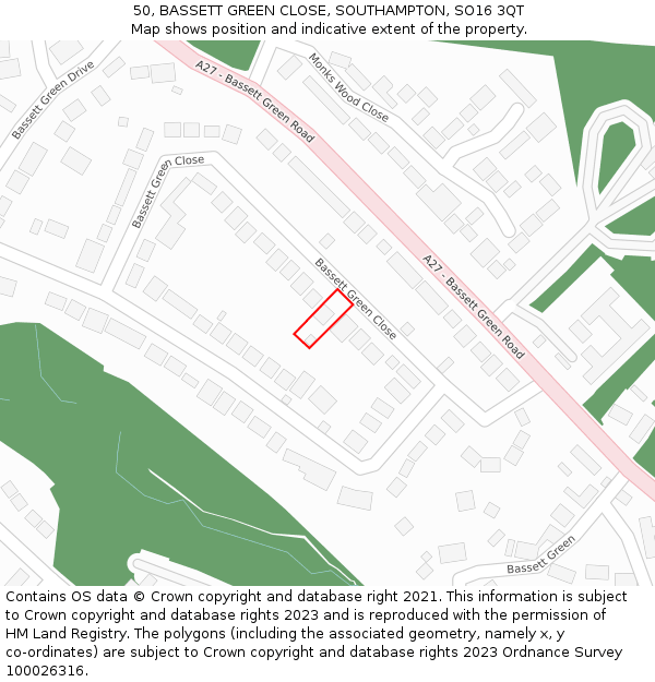 50, BASSETT GREEN CLOSE, SOUTHAMPTON, SO16 3QT: Location map and indicative extent of plot
