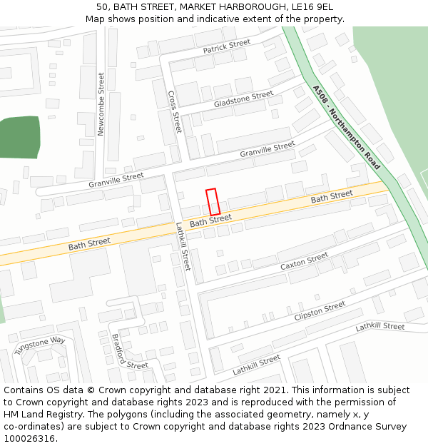 50, BATH STREET, MARKET HARBOROUGH, LE16 9EL: Location map and indicative extent of plot