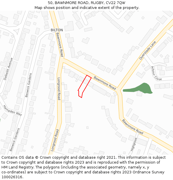 50, BAWNMORE ROAD, RUGBY, CV22 7QW: Location map and indicative extent of plot