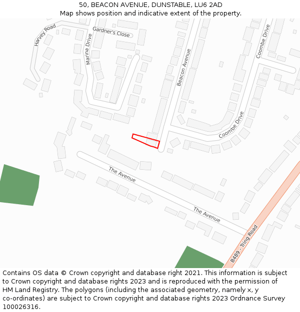 50, BEACON AVENUE, DUNSTABLE, LU6 2AD: Location map and indicative extent of plot
