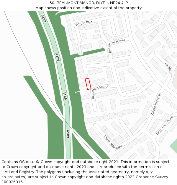 50, BEAUMONT MANOR, BLYTH, NE24 4LP: Location map and indicative extent of plot