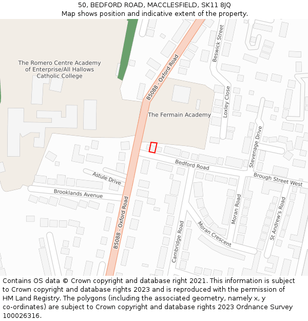 50, BEDFORD ROAD, MACCLESFIELD, SK11 8JQ: Location map and indicative extent of plot