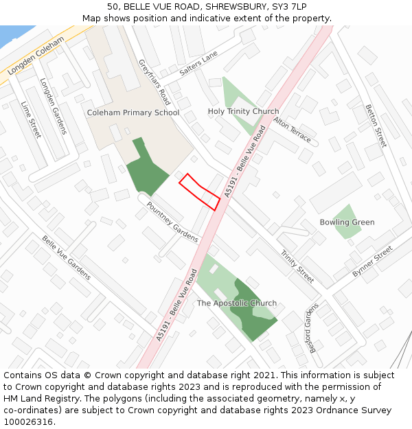 50, BELLE VUE ROAD, SHREWSBURY, SY3 7LP: Location map and indicative extent of plot