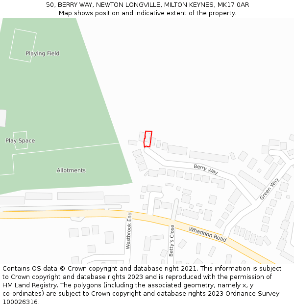 50, BERRY WAY, NEWTON LONGVILLE, MILTON KEYNES, MK17 0AR: Location map and indicative extent of plot