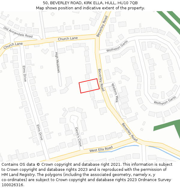 50, BEVERLEY ROAD, KIRK ELLA, HULL, HU10 7QB: Location map and indicative extent of plot