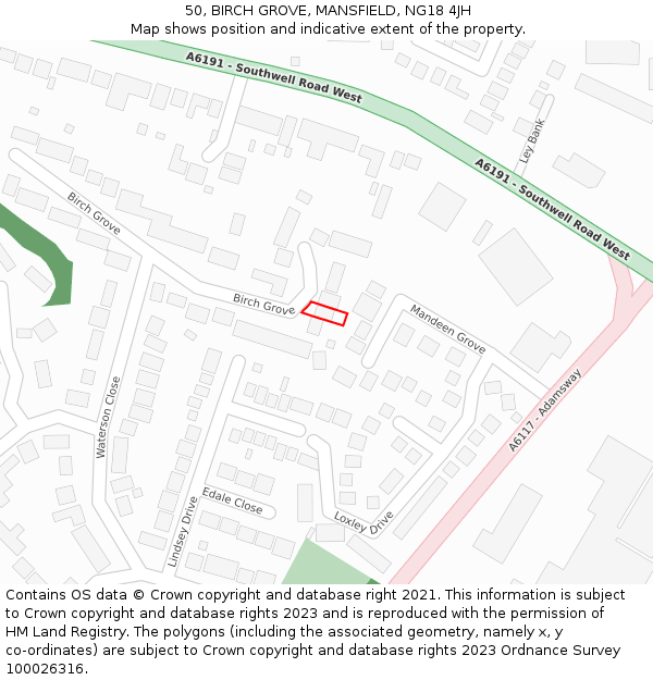 50, BIRCH GROVE, MANSFIELD, NG18 4JH: Location map and indicative extent of plot