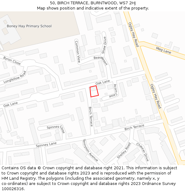 50, BIRCH TERRACE, BURNTWOOD, WS7 2HJ: Location map and indicative extent of plot
