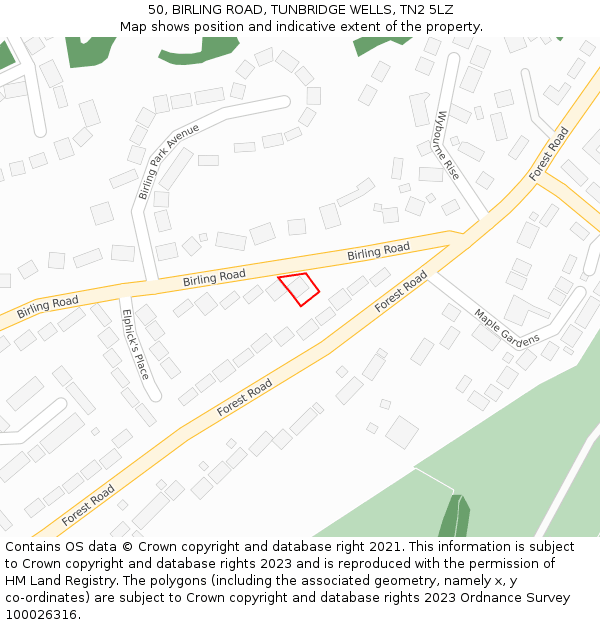 50, BIRLING ROAD, TUNBRIDGE WELLS, TN2 5LZ: Location map and indicative extent of plot