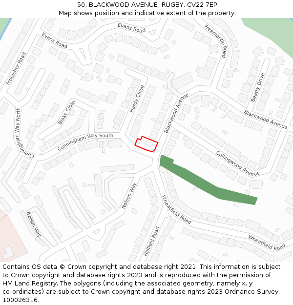 50, BLACKWOOD AVENUE, RUGBY, CV22 7EP: Location map and indicative extent of plot