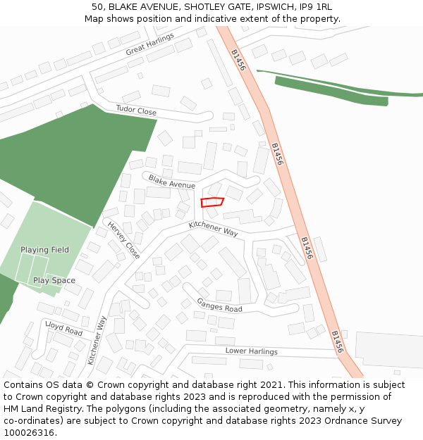 50, BLAKE AVENUE, SHOTLEY GATE, IPSWICH, IP9 1RL: Location map and indicative extent of plot