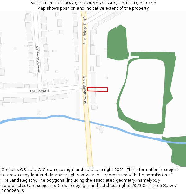 50, BLUEBRIDGE ROAD, BROOKMANS PARK, HATFIELD, AL9 7SA: Location map and indicative extent of plot