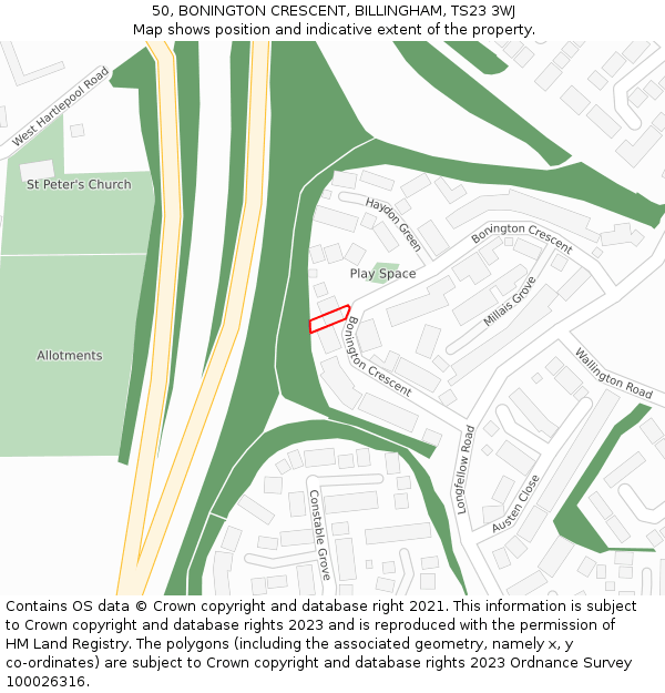 50, BONINGTON CRESCENT, BILLINGHAM, TS23 3WJ: Location map and indicative extent of plot