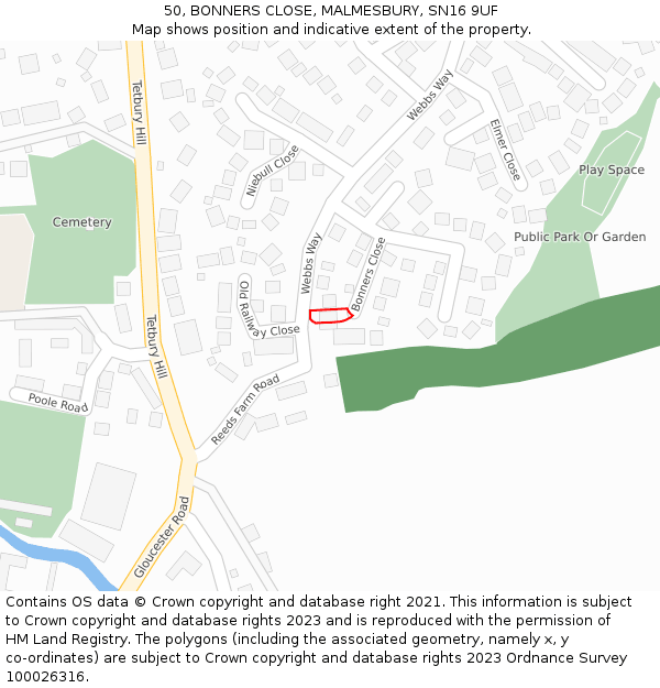 50, BONNERS CLOSE, MALMESBURY, SN16 9UF: Location map and indicative extent of plot