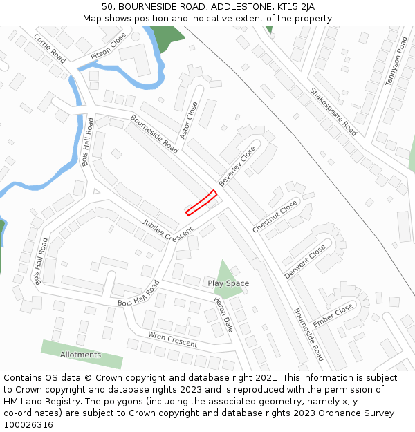 50, BOURNESIDE ROAD, ADDLESTONE, KT15 2JA: Location map and indicative extent of plot