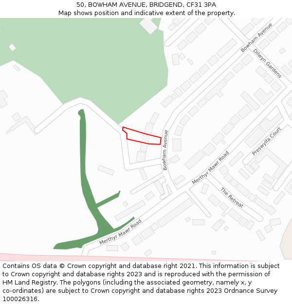 50, BOWHAM AVENUE, BRIDGEND, CF31 3PA: Location map and indicative extent of plot