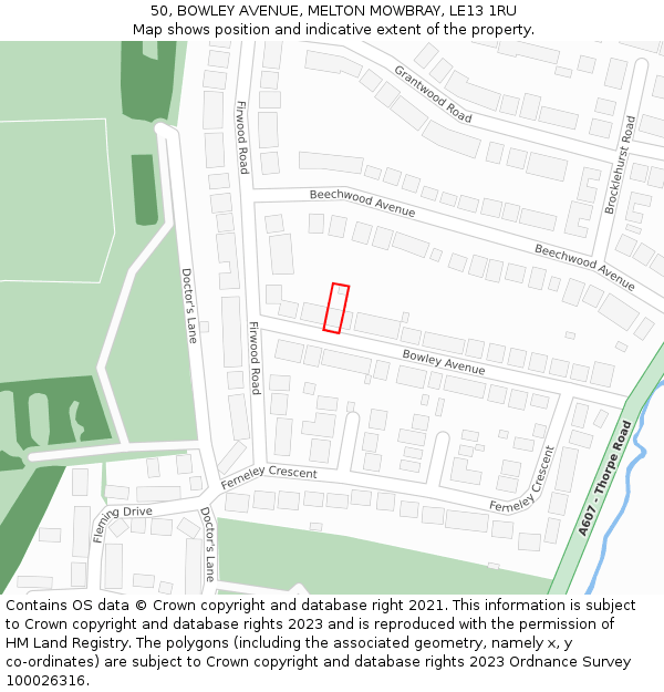 50, BOWLEY AVENUE, MELTON MOWBRAY, LE13 1RU: Location map and indicative extent of plot