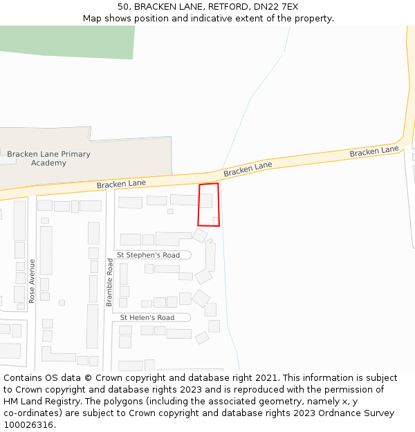 50, BRACKEN LANE, RETFORD, DN22 7EX: Location map and indicative extent of plot