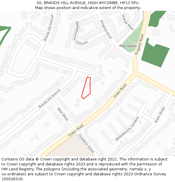 50, BRANDS HILL AVENUE, HIGH WYCOMBE, HP13 5PU: Location map and indicative extent of plot