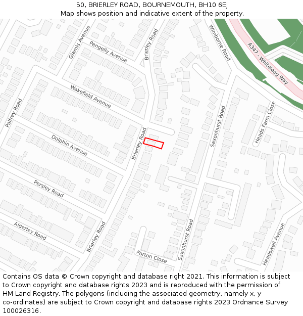 50, BRIERLEY ROAD, BOURNEMOUTH, BH10 6EJ: Location map and indicative extent of plot